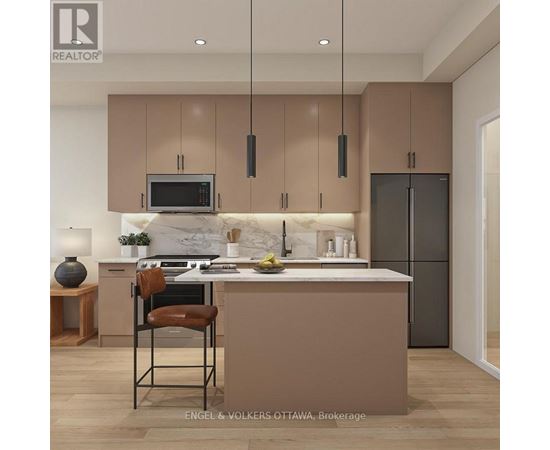 A modern kitchen with brown cabinets and a marble backsplash.