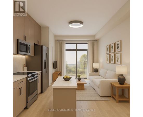 A modern kitchen with a dining table and a couch in the living room.
