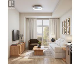 A modern living room with a brown armchair, a white sofa, a wooden cabinet, and a flat-screen TV.