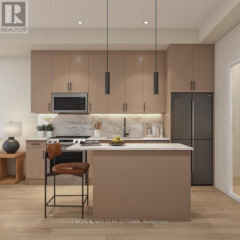 A modern kitchen with brown cabinets and a marble backsplash.