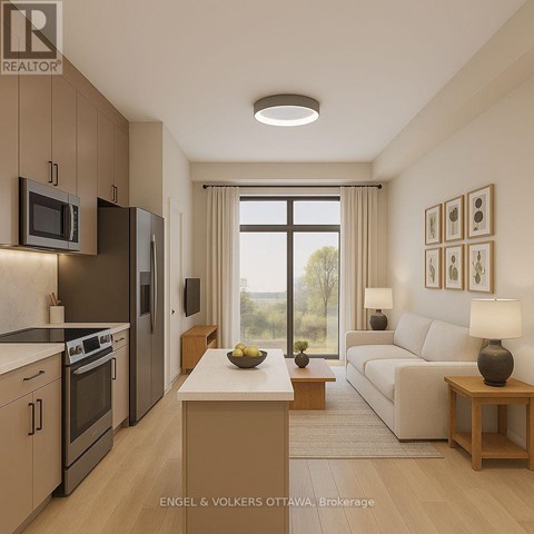A modern kitchen with a dining table and a couch in the living room.