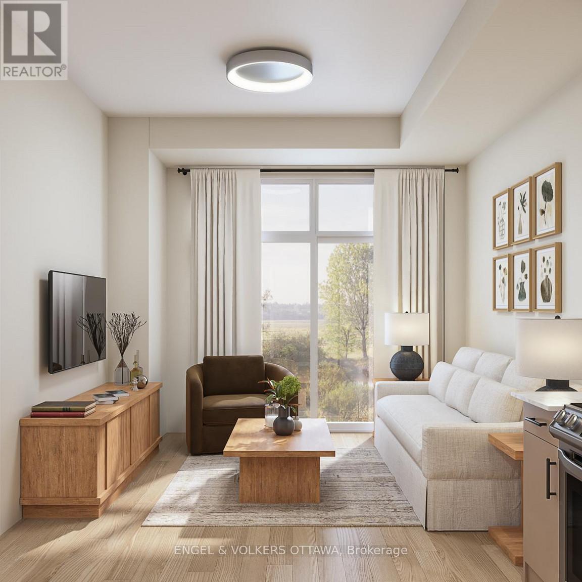 A modern living room with a brown armchair, a white sofa, a wooden cabinet, and a flat-screen TV.