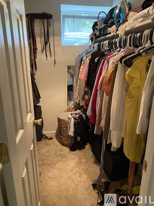 A room with a white door and a closet full of clothes.
