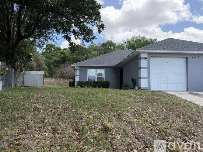A house with a garage and a tree in front of it.