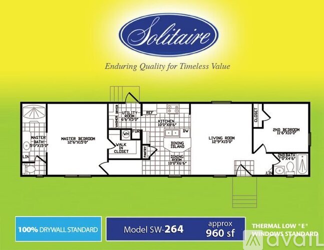 A floor plan for a Solitaire home with a living room, two bedrooms, and a bathroom.