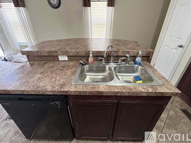 A kitchen counter with a sink and a dishwasher.