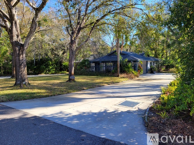 A house with a porch is surrounded by trees and a sidewalk.