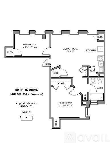 A floor plan of a two bedroom apartment with a living room, dining room, kitchen, and bathroom.