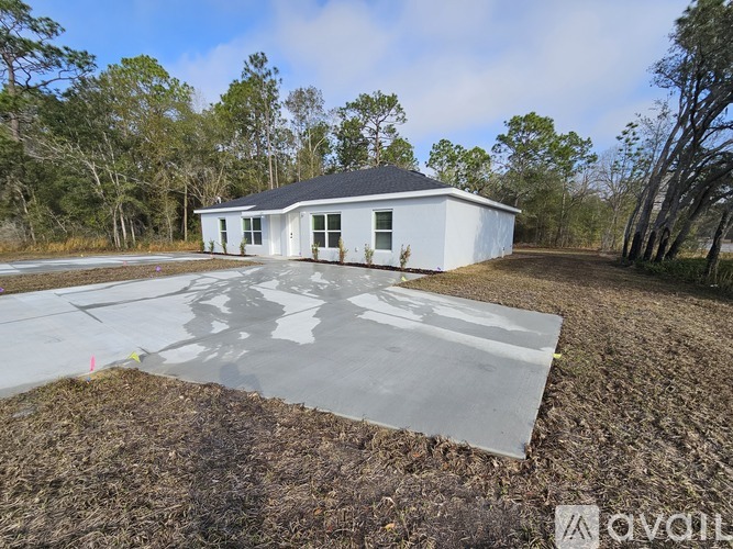 A white house with a black roof is surrounded by trees and has a concrete driveway in front.