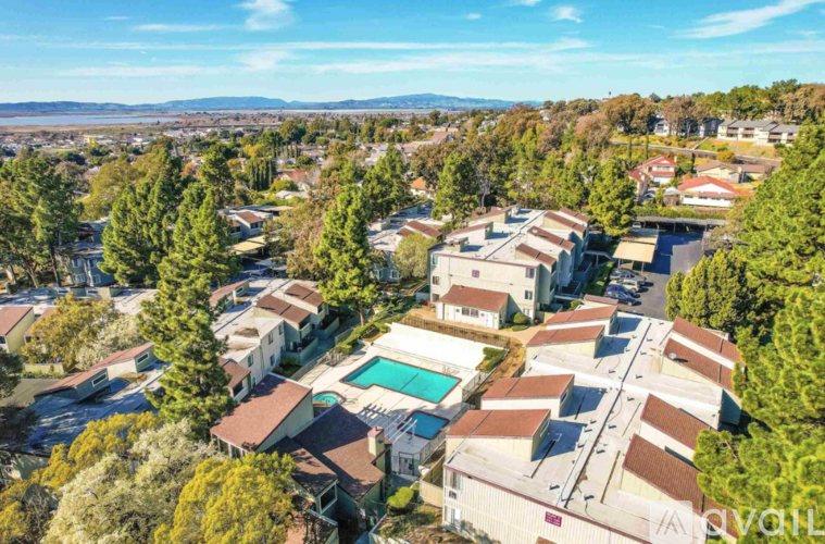 A bird's eye view of a residential area with houses and a swimming pool.