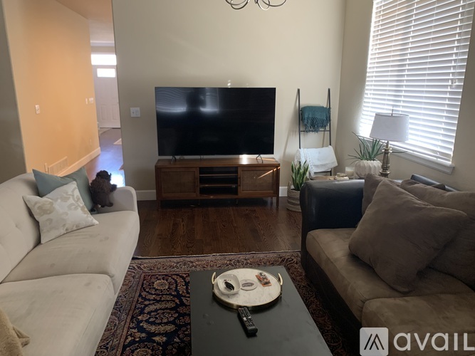 A living room with a television, two couches, and a coffee table.