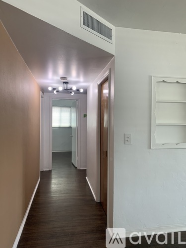 A hallway with a light on the ceiling and a door at the end.