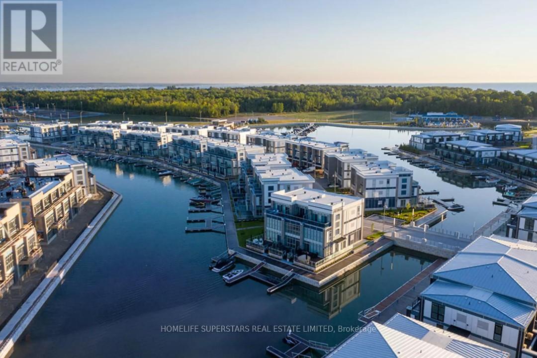 A real estate company logo is displayed on an aerial view of a waterfront property.