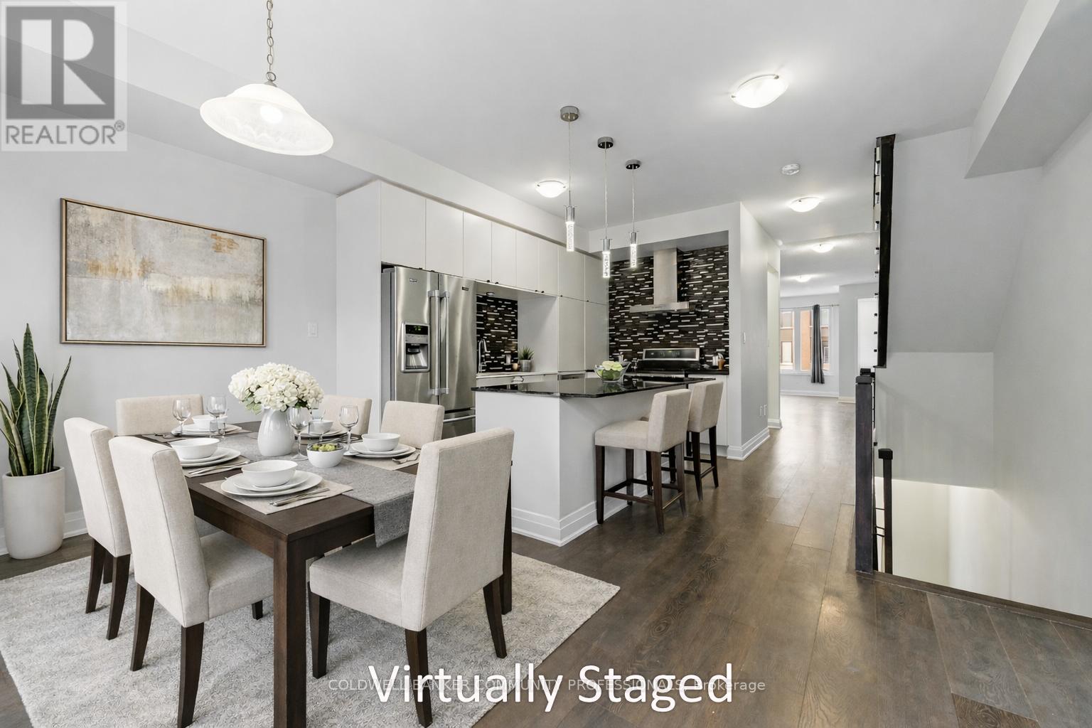 A modern dining room with a wooden table and chairs.
