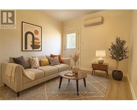A living room with a couch, a coffee table, and a plant.