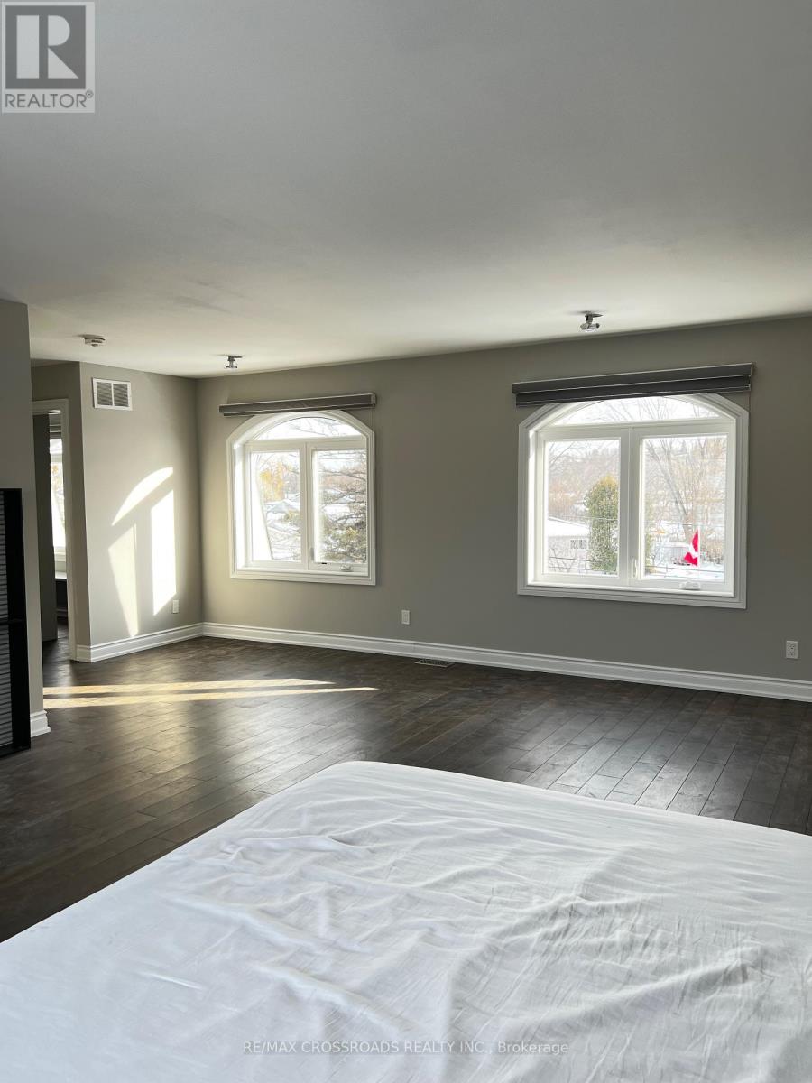 A bedroom with a large bed and two windows.