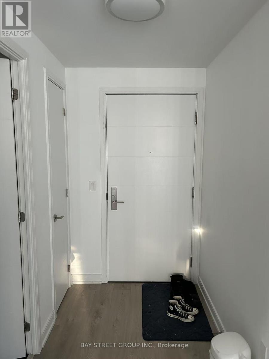 A hallway with a door and a mat on the floor.