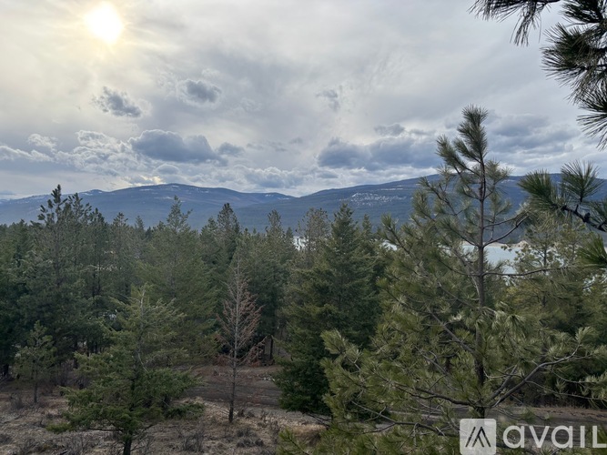 A landscape with trees and mountains under a cloudy sky.