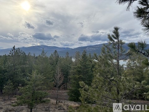 A landscape with trees and mountains under a cloudy sky.