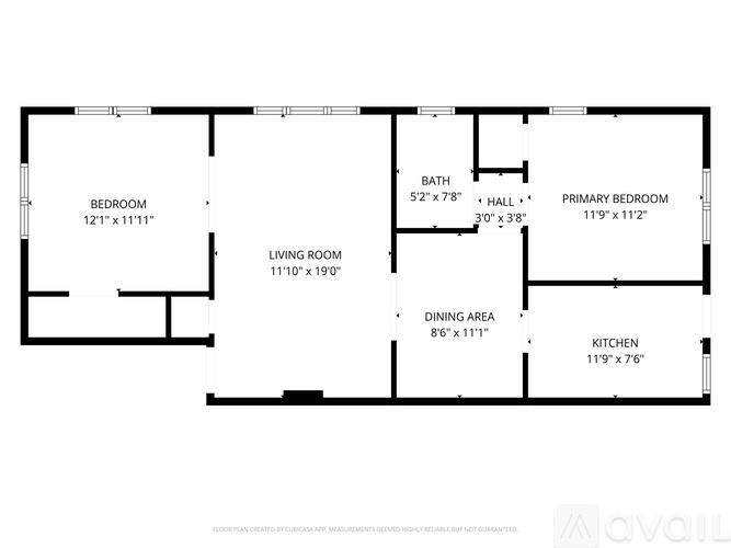A floor plan of a house with a living room, two bedrooms, a dining area, a kitchen, and a bathroom.