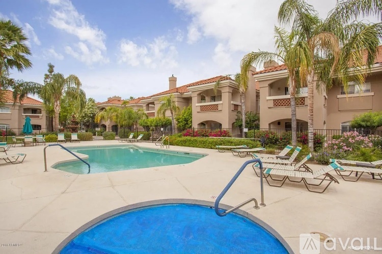 A pool surrounded by palm trees and lounge chairs.