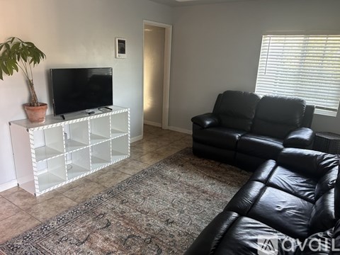 A black leather couch sits in a living room with a television on a stand and a potted plant.