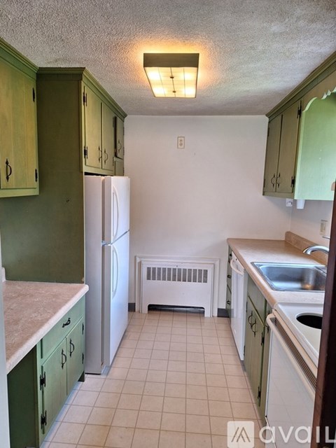 A kitchen with green cabinets and a white refrigerator.