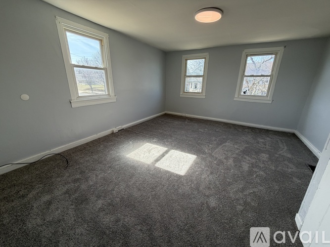 A room with grey carpet and three windows.