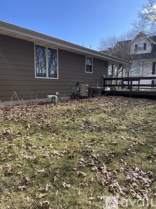 A backyard with a lawn covered in leaves and a house in the background.