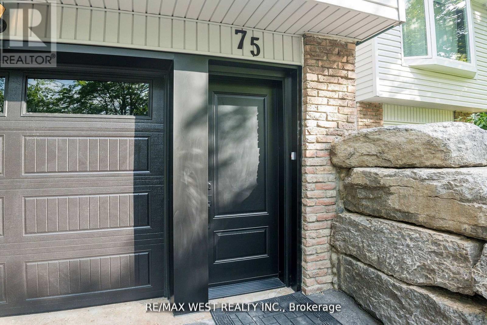 A black door with a glass window is on the right side of a house with a sign that says REALTOR.