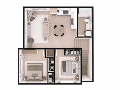 A floor plan of a small apartment with a kitchen, living room, and bathroom.
