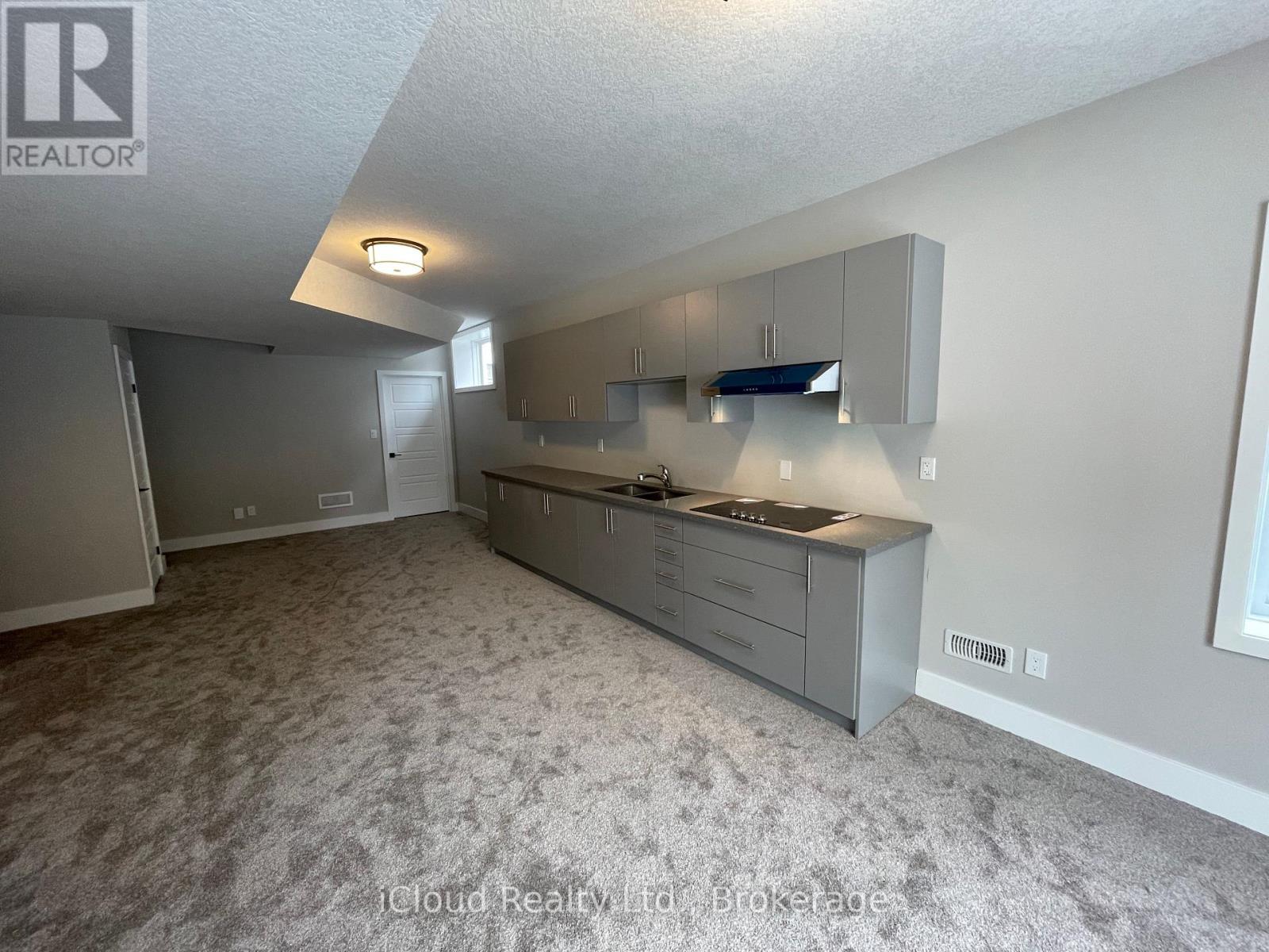 A spacious kitchen with grey cabinets and a grey carpet.