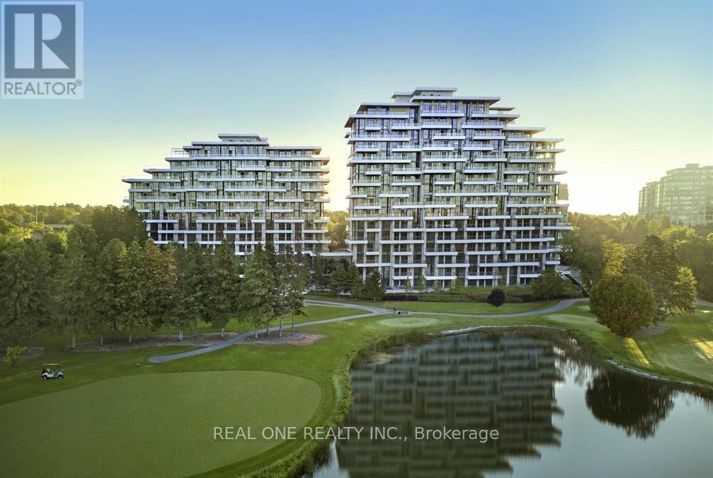 A modern building complex with a pond in front, labeled as Real One Realty Inc., Brokerage.