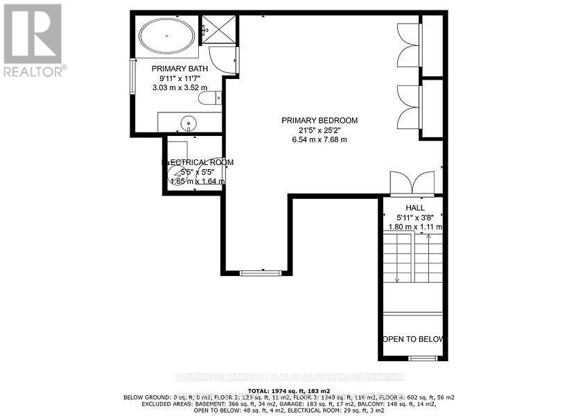A floor plan for a home with a primary bedroom, bathroom, and hallway.