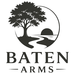 Baten Arms Logo with a stream and sunset