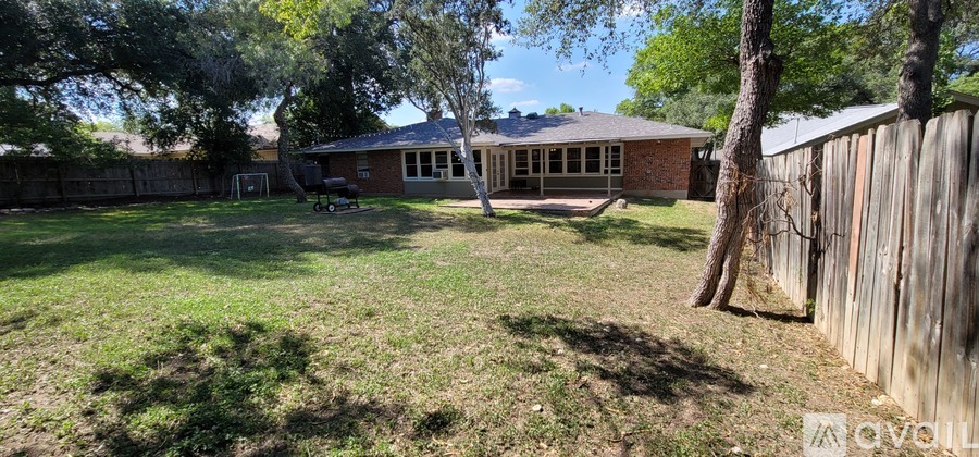 A backyard with a wooden fence and a tree.