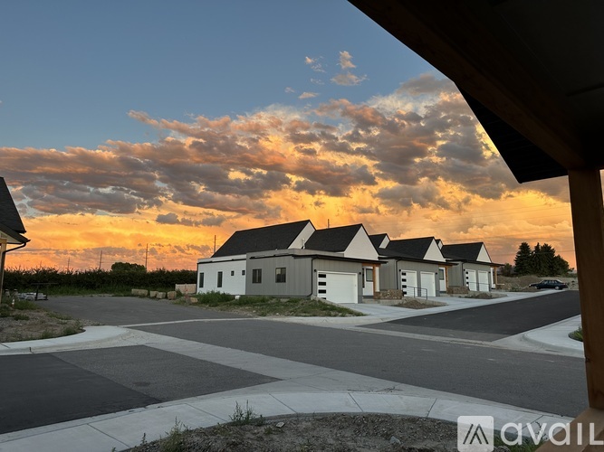 A row of houses with a sunset in the background.