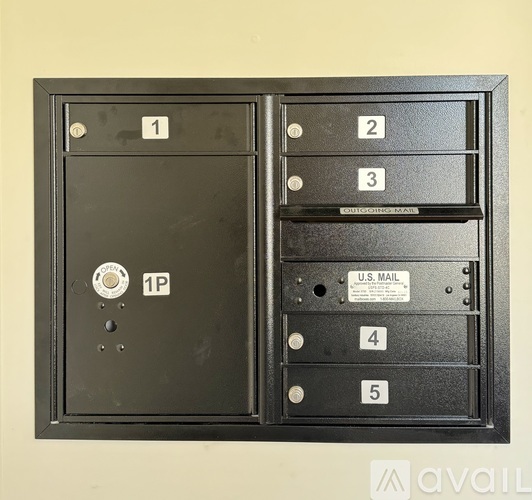 A black mailbox with numbers 1 to 5 on the slots.