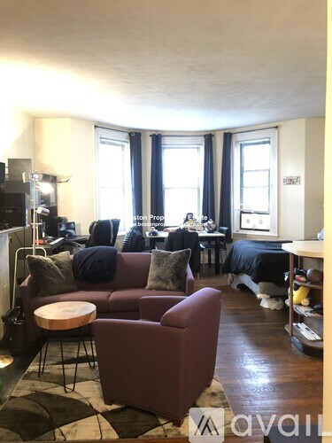 A living room with a brown couch and a black and white rug.
