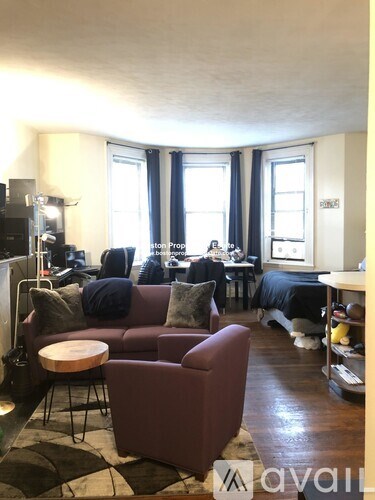 A living room with a brown couch and a black and white rug.