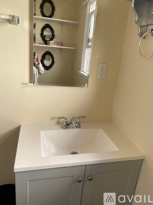 A bathroom with a white sink and a mirror above it.