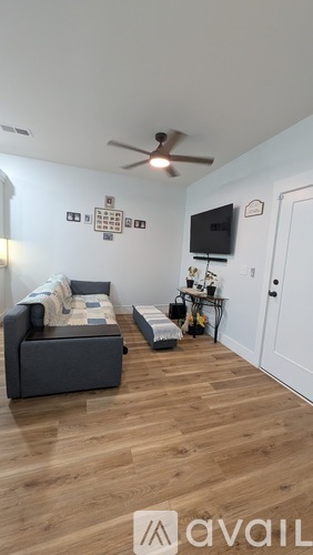 A living room with a grey couch and a white door.
