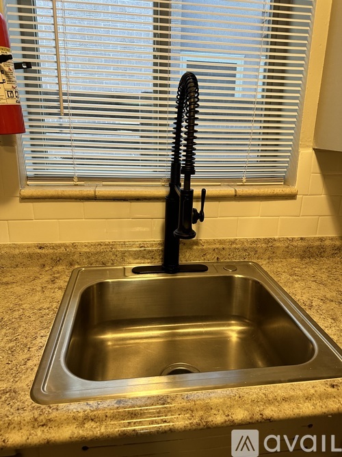 A stainless steel kitchen sink with a black faucet.