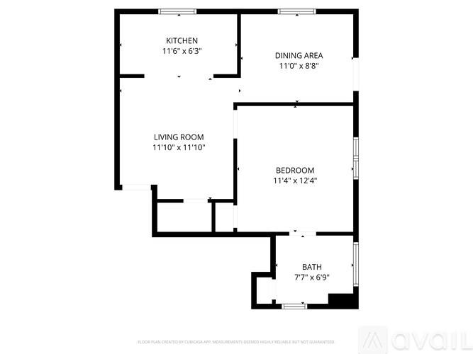 A floor plan of a house with a kitchen, dining area, living room, bedroom, and bathroom.