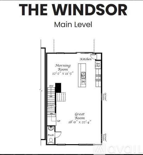 A floor plan for a main level of a residence, showing a kitchen, morning room, and great room.