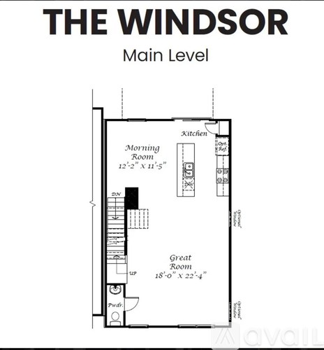 A floor plan for a main level of a residence, showing a kitchen, morning room, and great room.