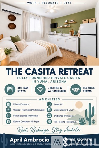 A poster advertising a fully furnished private casita in Yuma, Arizona, offering amenities such as a private entrance, smart TV, and a fully equipped kitchenette.