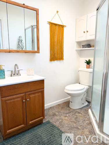 A bathroom with a white toilet and a wooden cabinet.