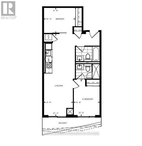 A black and white image of a floor plan for a home with a bedroom, living room, and balcony.