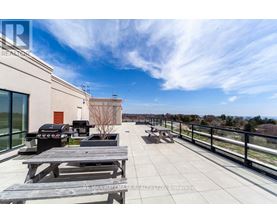 A rooftop patio with picnic tables and a BBQ grill.